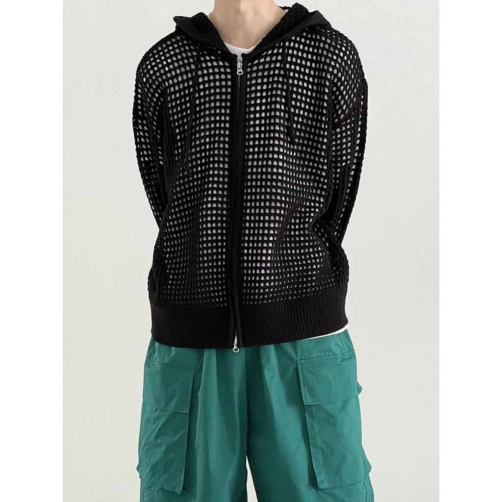 Strickjacke aus Mesh für Herren, offen vorne, lange Ärmel und Sonnenschutz, modischer Pullover
