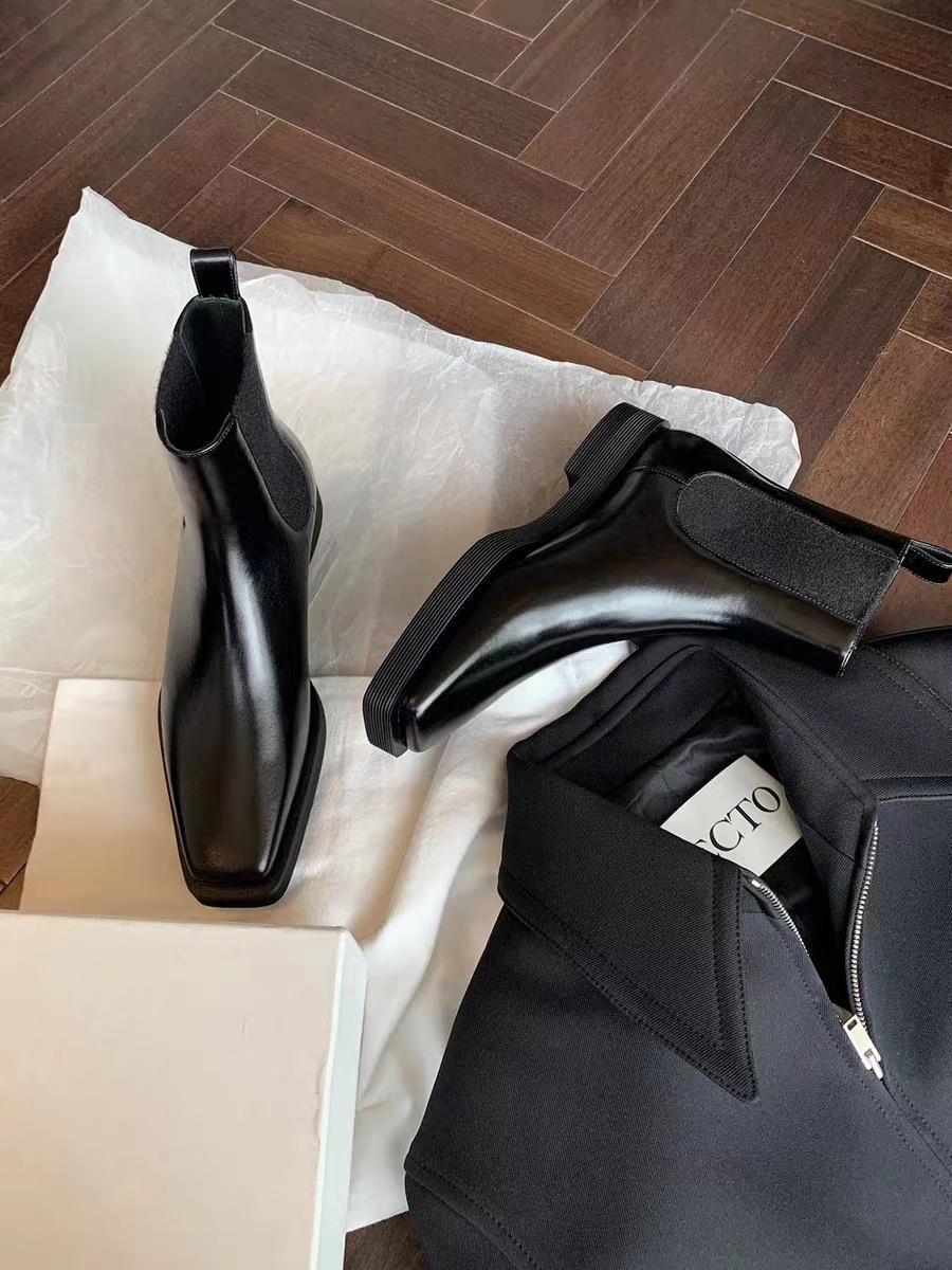 

Cowhide Grape Mom Same Square Head Platform Chelsea Boots Women s Leather Thick Heel Martin Boots French Short Boots Skinny Boots 40