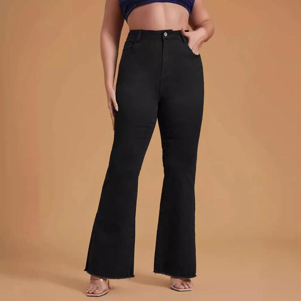 Ladies' Solid Color Casual Versatile Mid Waist Fringed Denim Big Flared Pants Jeans