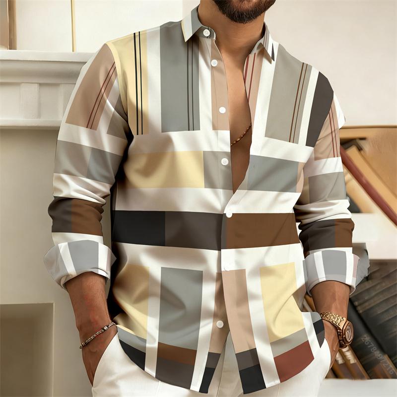 Men's Color-Blocked Striped Long-Sleeve Shirt, Retro Style Business Casual Shirt, Slim Fit Men's Trendy Top