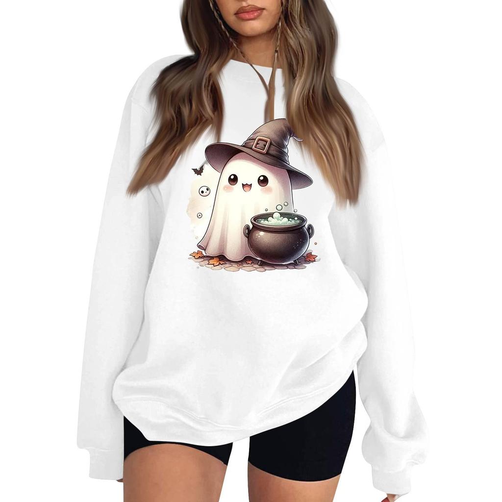 Women's Neck Long Sleeve Loose Fit Casual Sweatshirt Pullover Top with Halloween Print