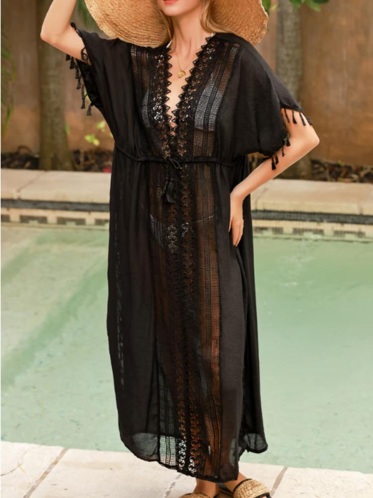 

White Lace Maxi Dress with Deep V-Neck, Side Slit, and Fringe Detail - Bohemian Beach Dress 2XL чорний