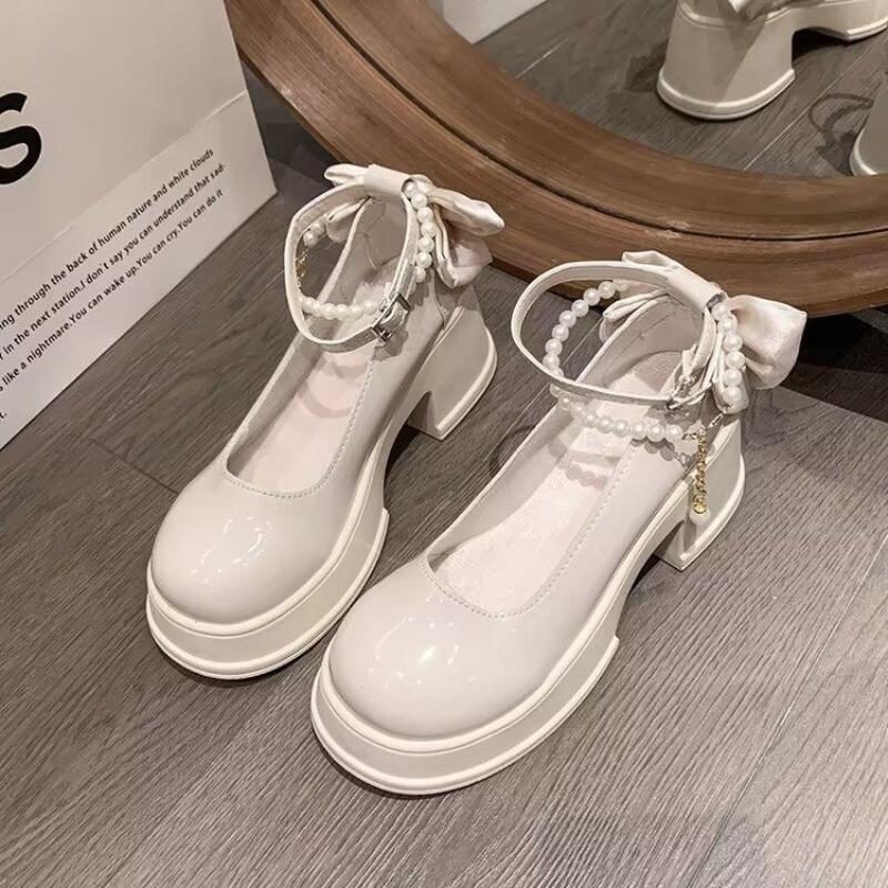 Thick Heel Mary Jane Single Shoes Women's Autumn New Wear Pearl Chain Bow High Heel Small Leather Shoes