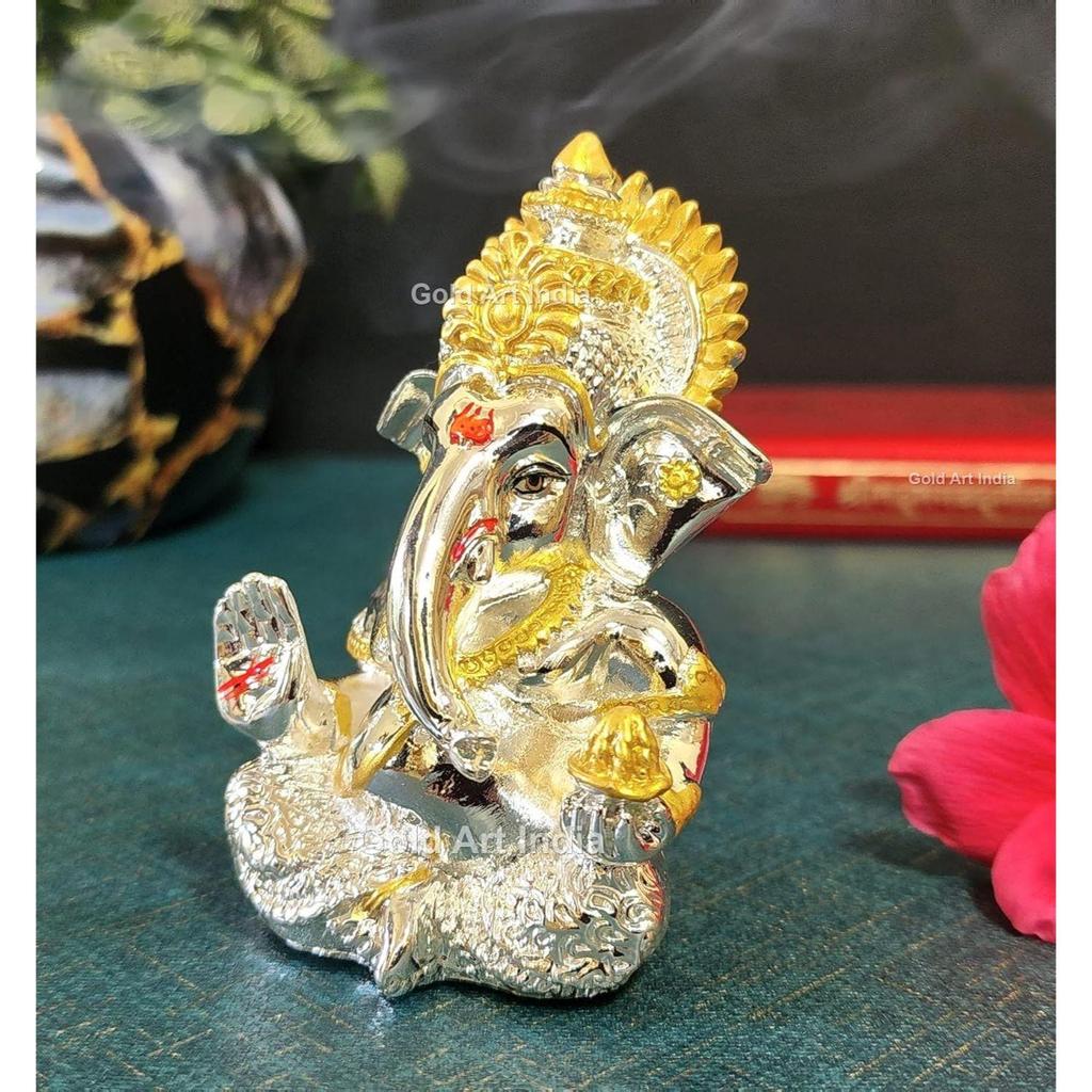 Silver Plated Ganesha Idol for Car Dashboard, Office & Home Shelves, Diwali Puja, and Gifting (3.5" X2 Inches), Idol