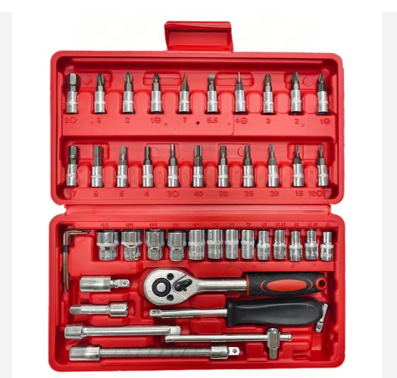 46PCS Master Mechanic Tool Kit with 3/8" Ratchet, SAE/Metric Sockets, Torx/Hex Bits, Extension Bars - Professional Grade