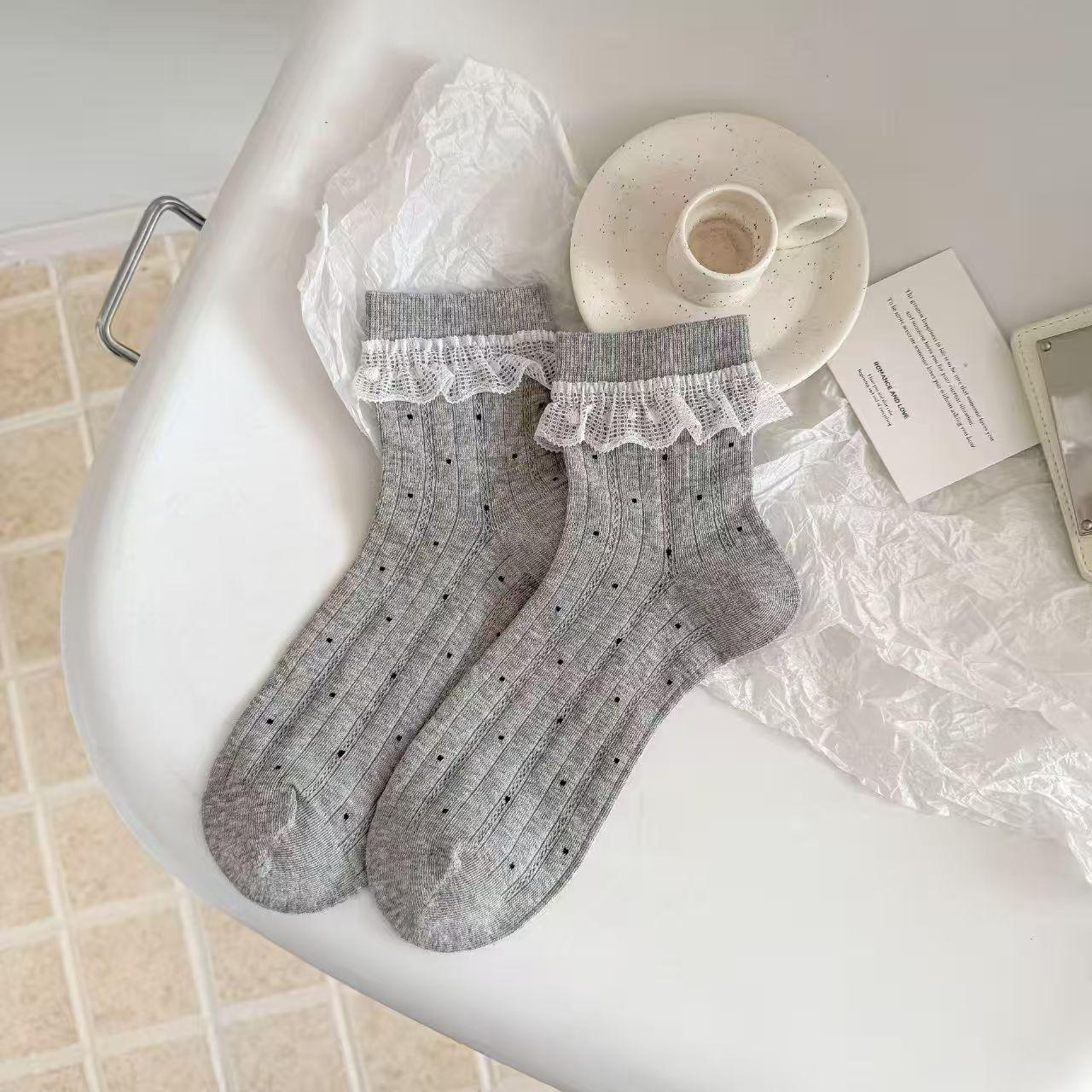 Korean Polka Dot Lace Ruffle Mid-Calf Socks for Women - Lightweight, Seamless & Versatile Spring/Summer Style One Size