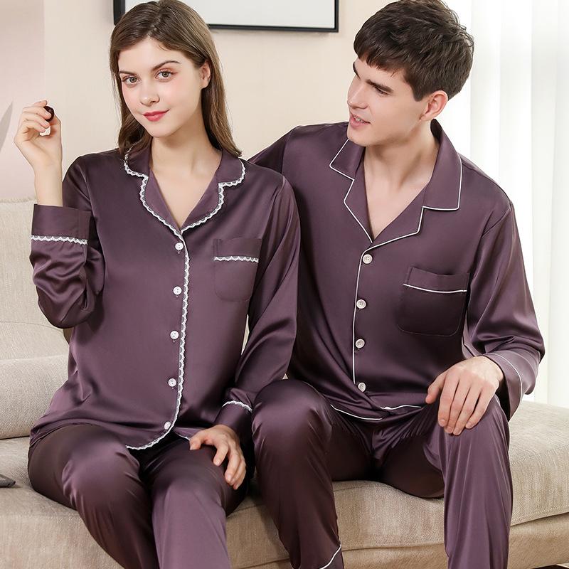 Seiden Langarm Partner Pyjama Set für Frühling, Herbst und Sommer: Herren Eis-Seide, Damen Herbst/Winter-Bekleidung