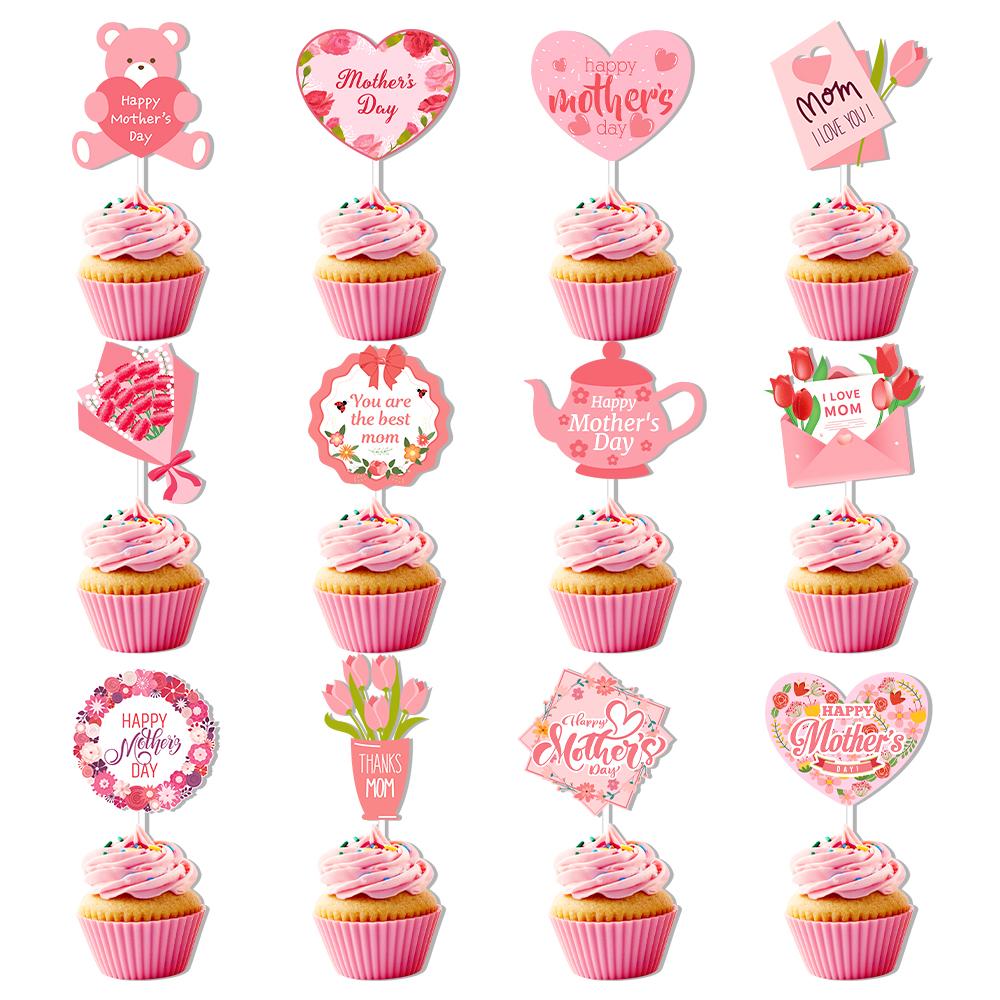 

12/24pcs Happy Mother s Day Cake Toppers Pink Mom Letter Flower Decorative Mothers Day Gift Birthday Party Cake Dessert Decor 12pcs