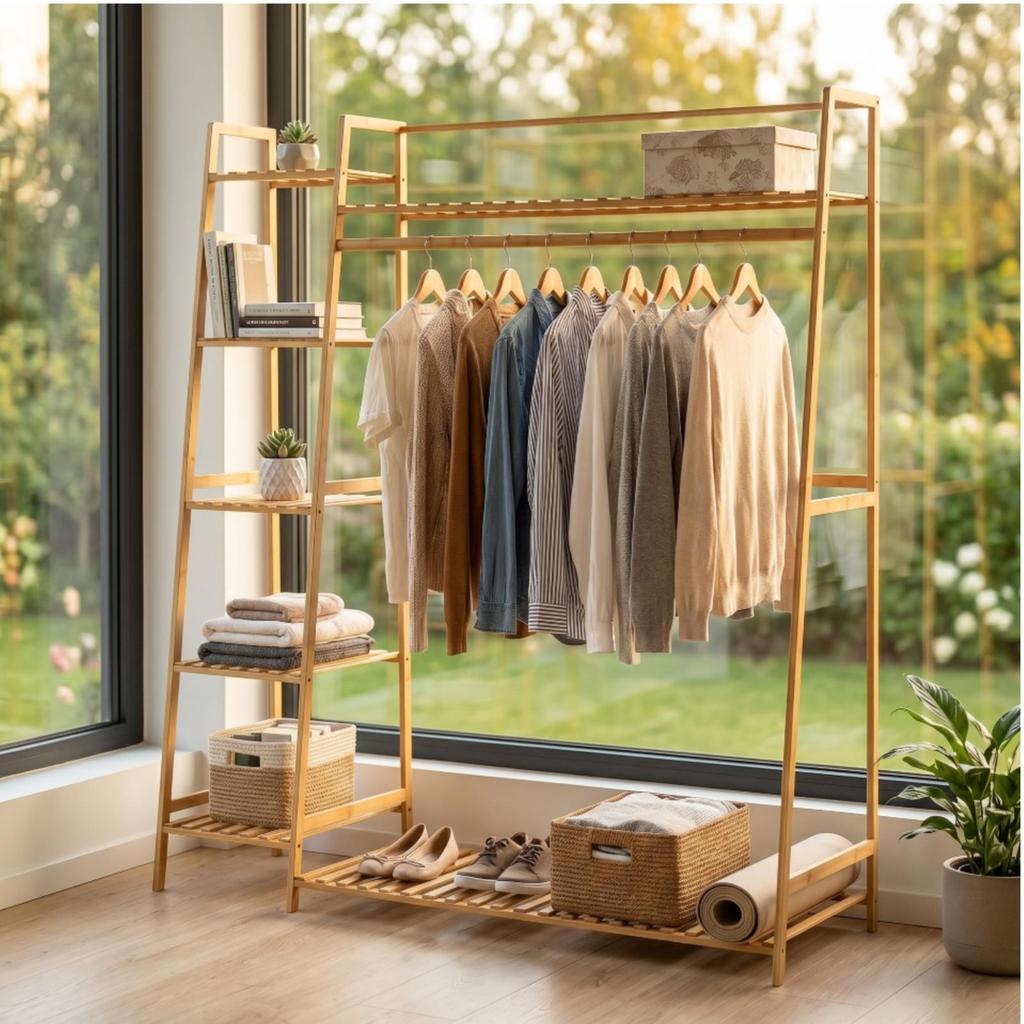 Bamboo Clothing Rack-Saving Freestanding Garment Rack Modern Wardrobe Organizer