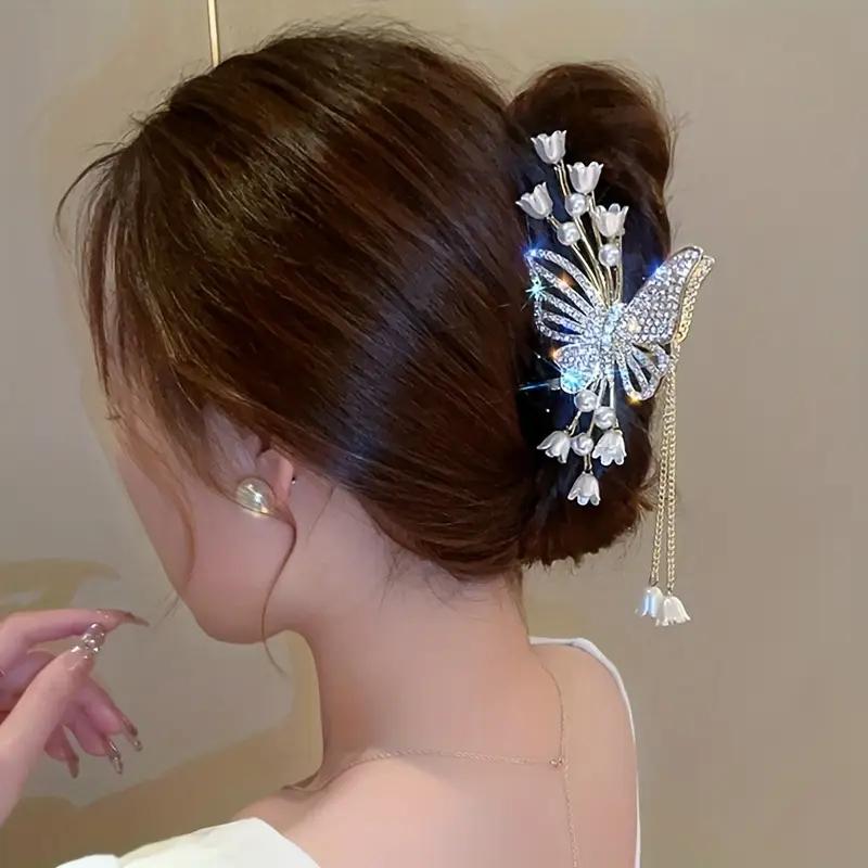 1pc Sweet Butterfly Hair Clip Sparkling Rhinestone Resin Hair Accessories Exquisite Tassel Hair Claws Women Perfect Gift Idea