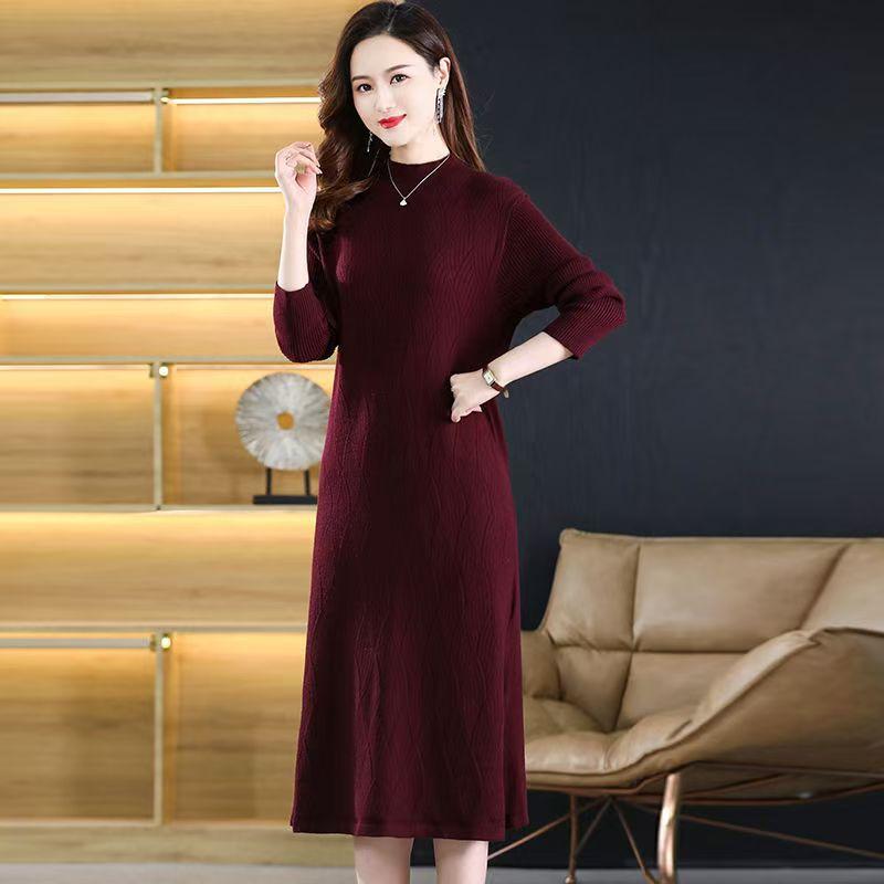 

Однотонное трикотажное платье-свитер средней длины для женщин с полувысоким воротником, свободное, с длинными рукавами, для осени и зимы XL вино красного
