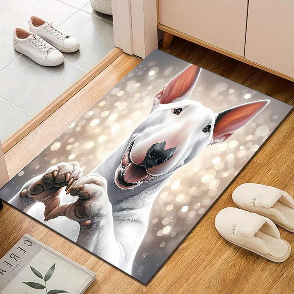 "Adorable Bull Terrier with Heart Gesture" Patterned carpet, suitable as a non slip play mat for the living room and bedroom sofa