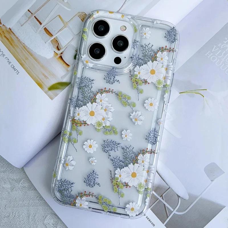 Floral Flower Sunflower Painted Clear Phone Case For iPhone 14 11 15 Pro Max 12 13 XR X XS SE  7 8 Plus Cases Airbag Cover