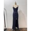 Women Sequined Spaghetti Strap V Neck Bodycon Long Evening Party Dress