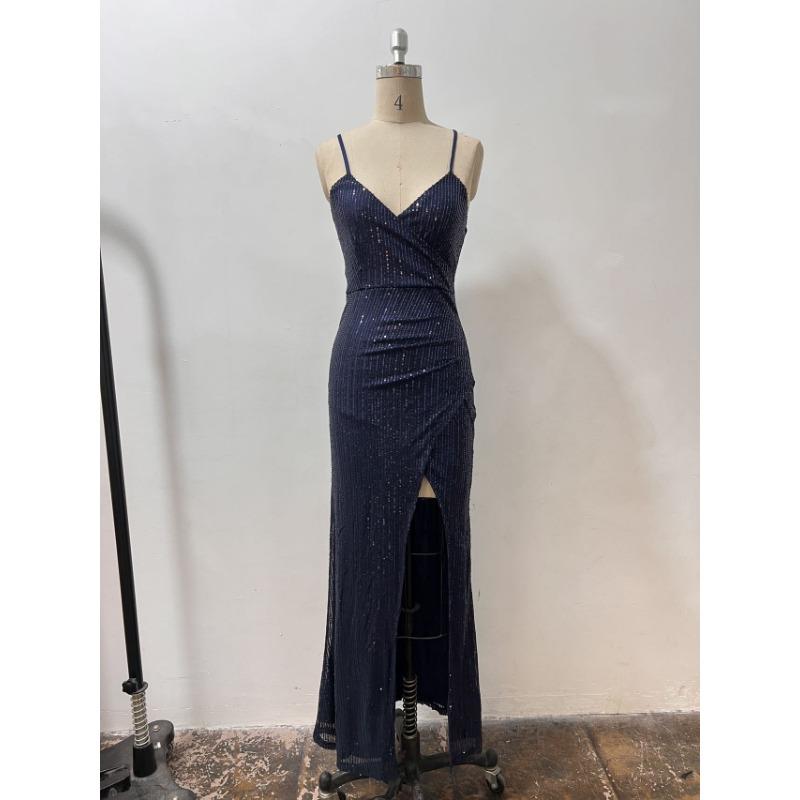 Women Sequined Spaghetti Strap V Neck Bodycon Long Evening Party Dress