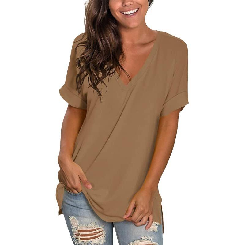 Summer V-neck Solid Color Double-sided Slit Short Sleeved Loose Women's T-shirts