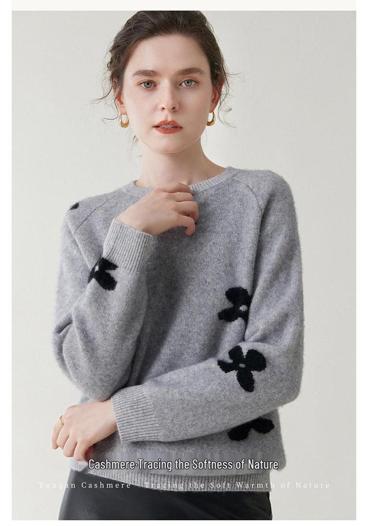 Lekasha Women's Embroidered Cashmere Knit Sweater - Warm, Versatile, Round Neck, Long Sleeve for Autumn/Winter