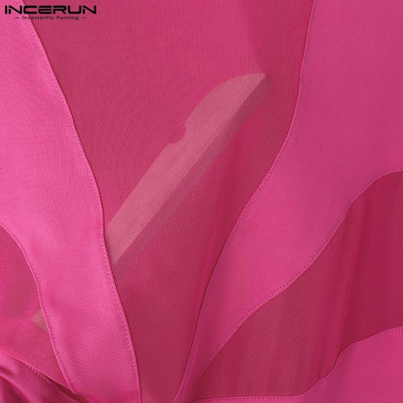 INCERUN Men Long Sleeve See Through Bodysuits Lace Mesh Patchwork Club Playsuits