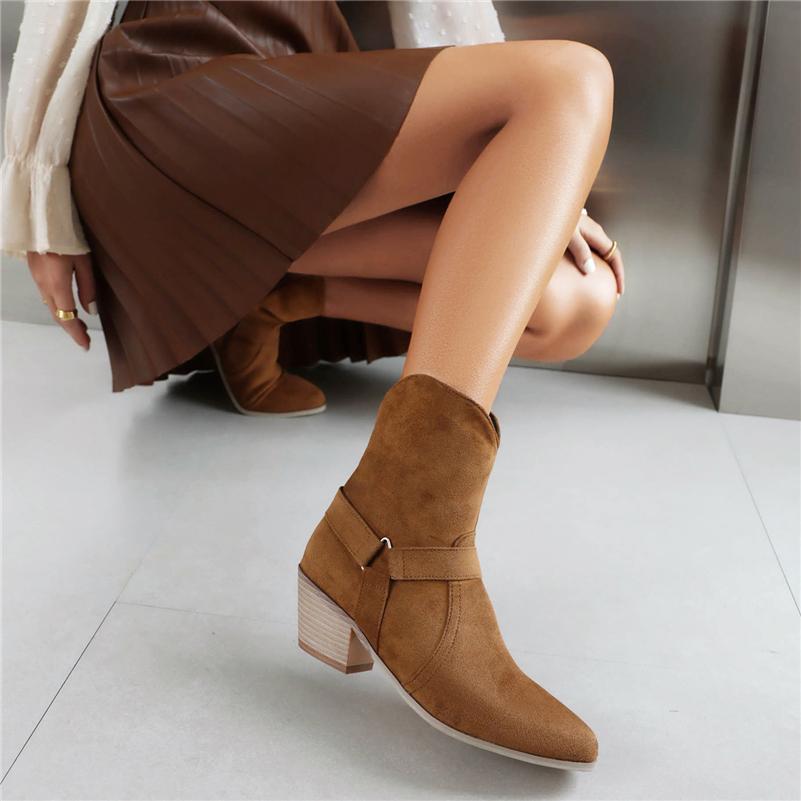 Dámské Kotníkové kovbojské boty s kulatou špičkou Robustní střední podpatky zip západní kovbojské krátké boty dámská módní obuv zimní 46