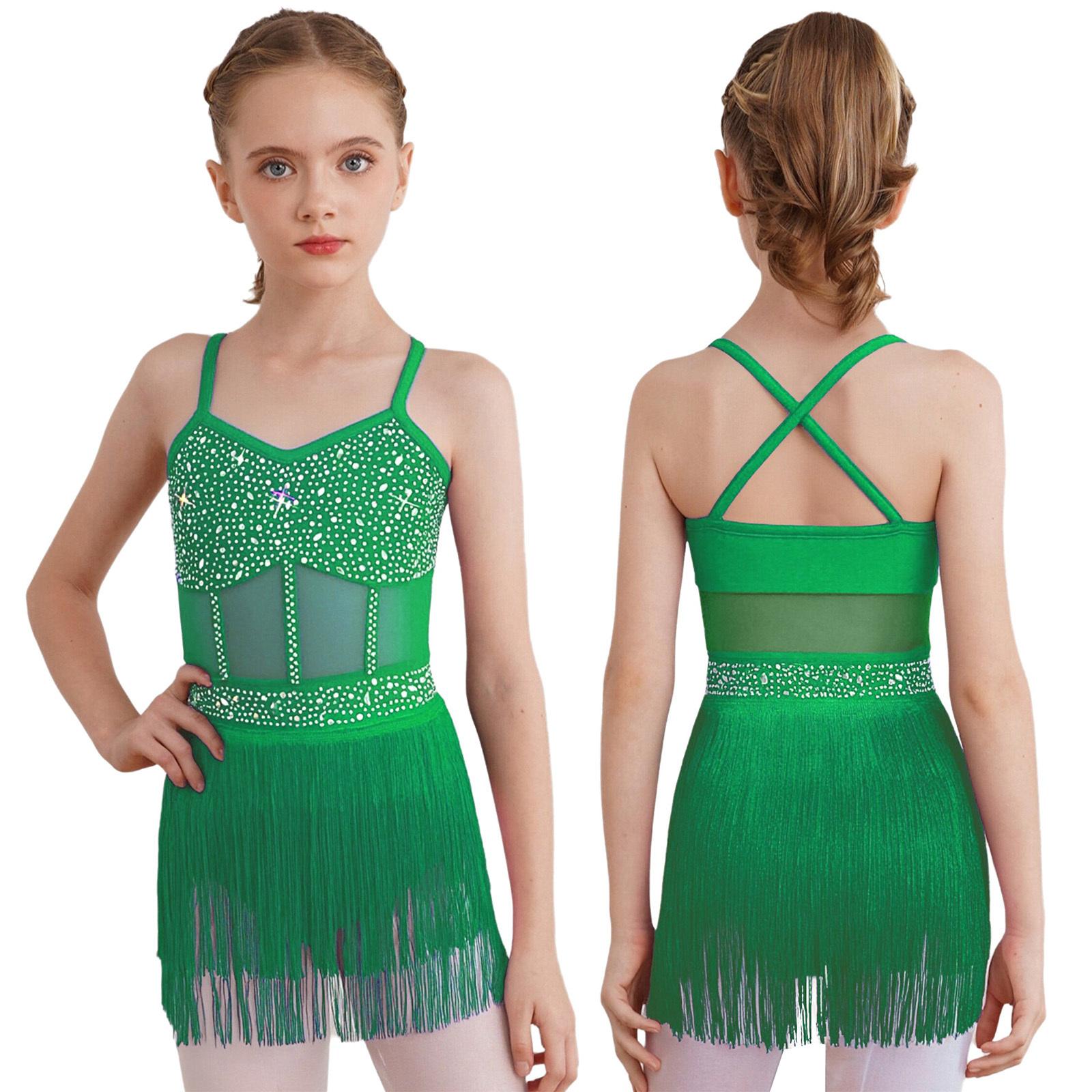 

Eye-Catching Tassel Fringe Dance Dress for Girls: Features Rhinestones, Sheer Mesh Patchwork & All-in-One Silhouette 5-6 Years