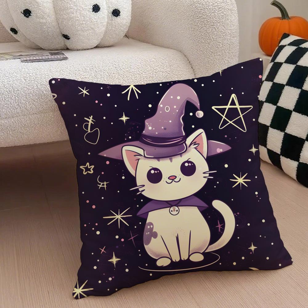 Character Spooky Halloween magic cat Cushion Cover Throw Pillow Cover Hidden Button Durable Polyester Chair Cushion