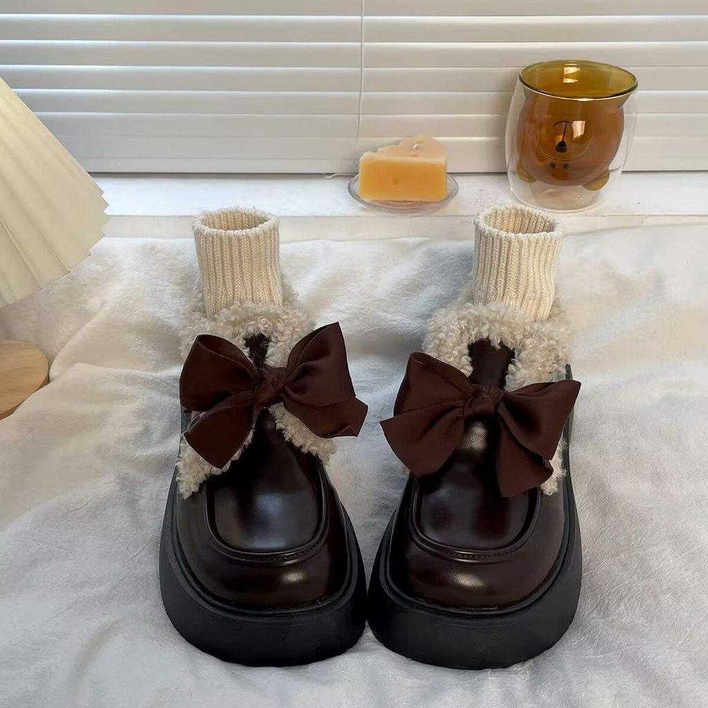 31-46 Black British style small leather shoes autumn and winter 2025 new platform loafers velvet cotton shoes Mary Jane shoes