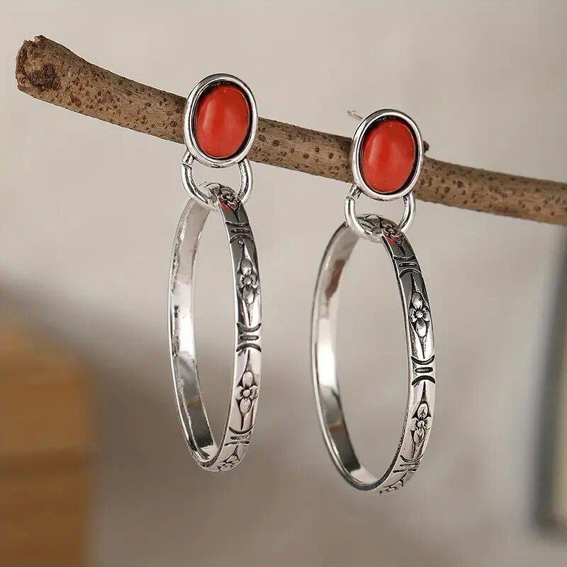 European and American earrings, round engraved inlaid oval imitation turquoise earrings, bohemian retro earrings