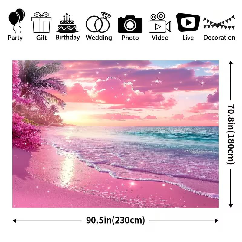 2D Flat Glitter Pink Beach Banner Tropical Paradise Themed Backdrop for Vacation & Summer Decor