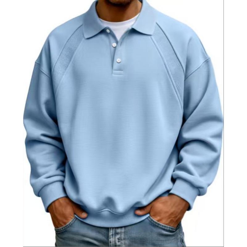 Men Raglan Sleeve Polo Sweatshirt Long Sleeve Button Placket Solid Color Loose Fit Casual Pullover S