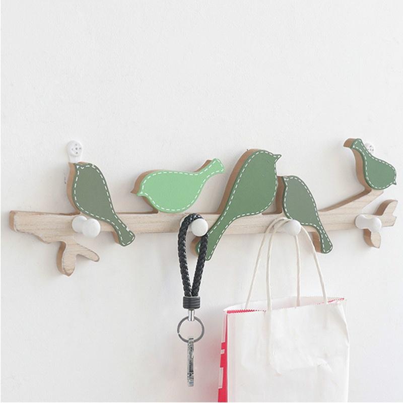 Creative Wooden Bird Coat Hook Wall Mount Shelf Hanging Entrance Coat Rack Home Decorative Holder
