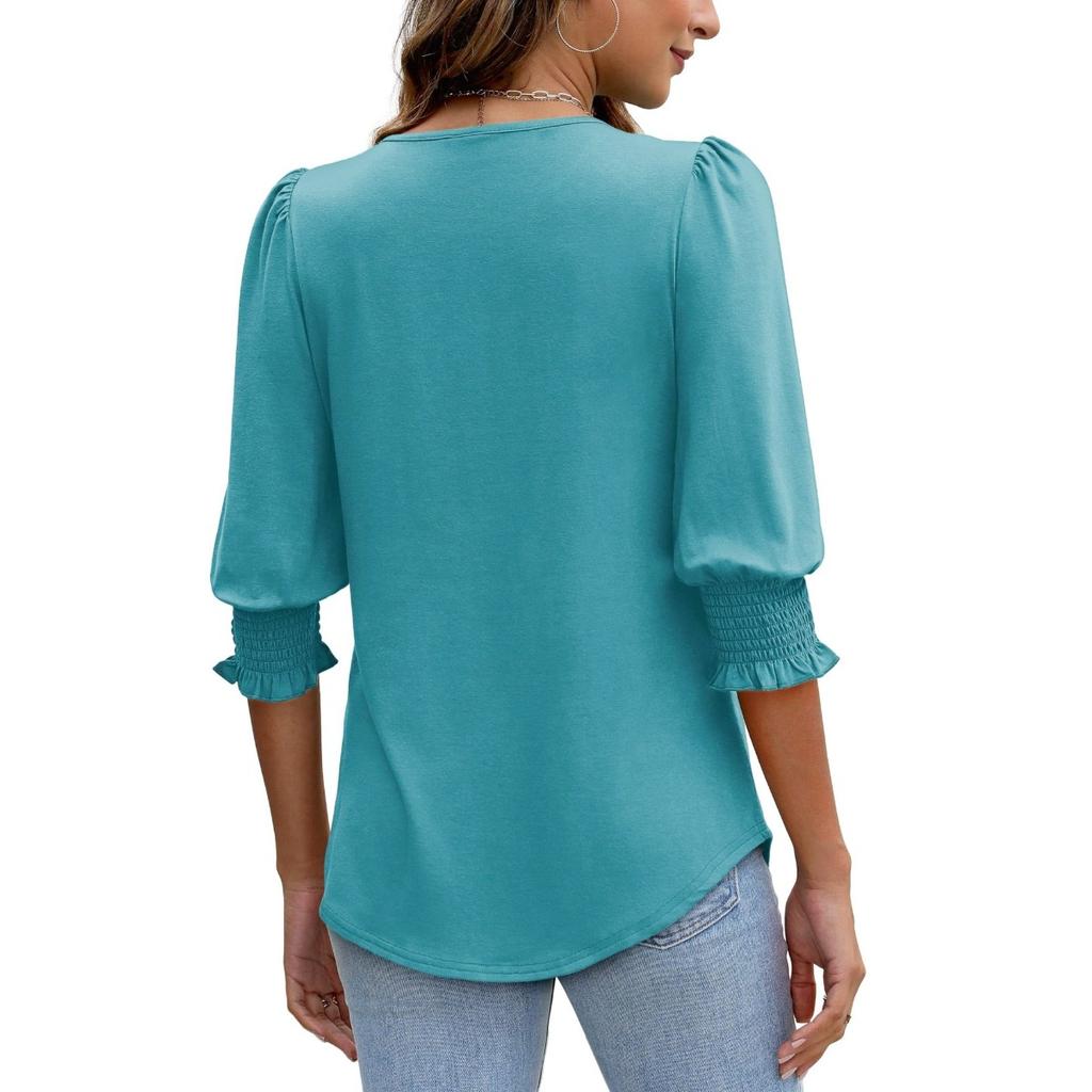 Women's Clothing, Spring, Loose, Casual, Printed, Seven Quarter Sleeves, Round Neck, T-shirt, Top