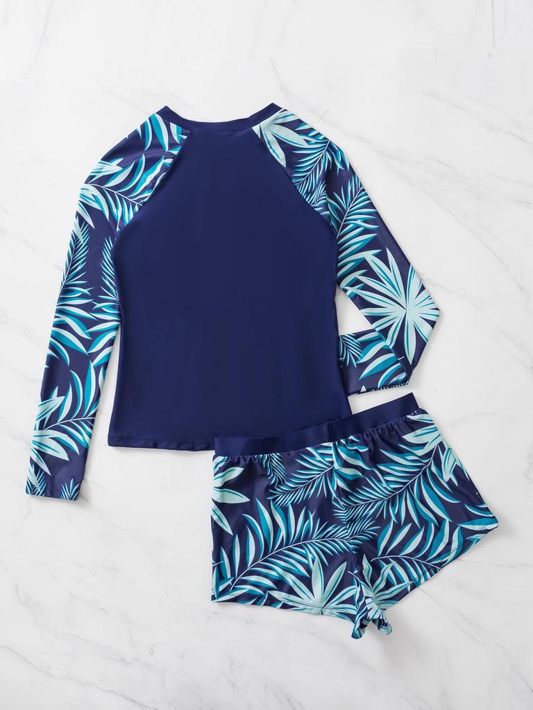 European & American Cross-border Plant Print Sporty Long-Sleeve Backless Bikini Swimsuit Set