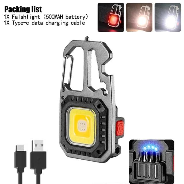 COB Keychain Work Light with Battery Display 7 Modes Rechargeable High Lumens Portable LED Light for Camping Hiking Running
