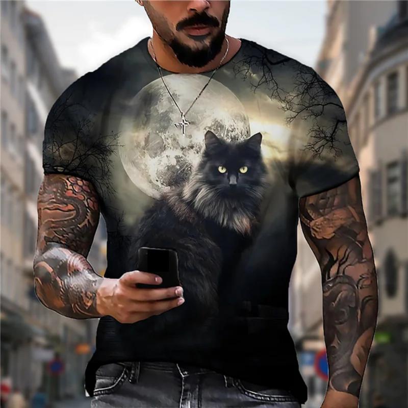 Roztomilé tričko s kočkou Animal Oversized Funny Cat Tops Tričko s límečkem Pánské 3D potištěné pánské tričko s kočkou Crew Krk s krátkým rukávem
