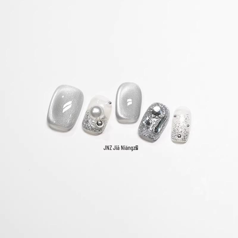 Jia Niangzi Handmade Short French Transparent Gray-White Cat Eye Pearl Rhinestone Detachable Nail Stickers