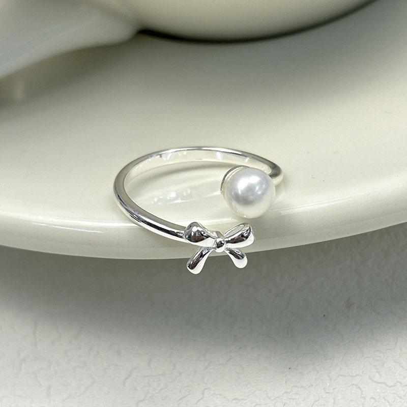 

S925 Sterling Silver Bow Ring with Natural Freshwater Pearl - Women s Adjustable Silver Ring, Perfect Princess Christmas/New Year Gift. Adjustable Open Size