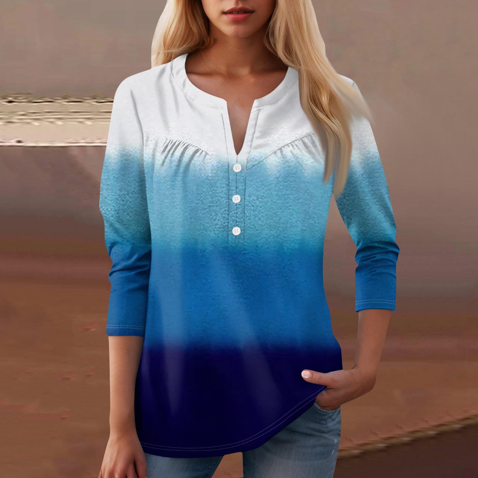 

Женская повседневная футболка с цветочным принтом и V-образным вырезом, декоративная пуговица M синий