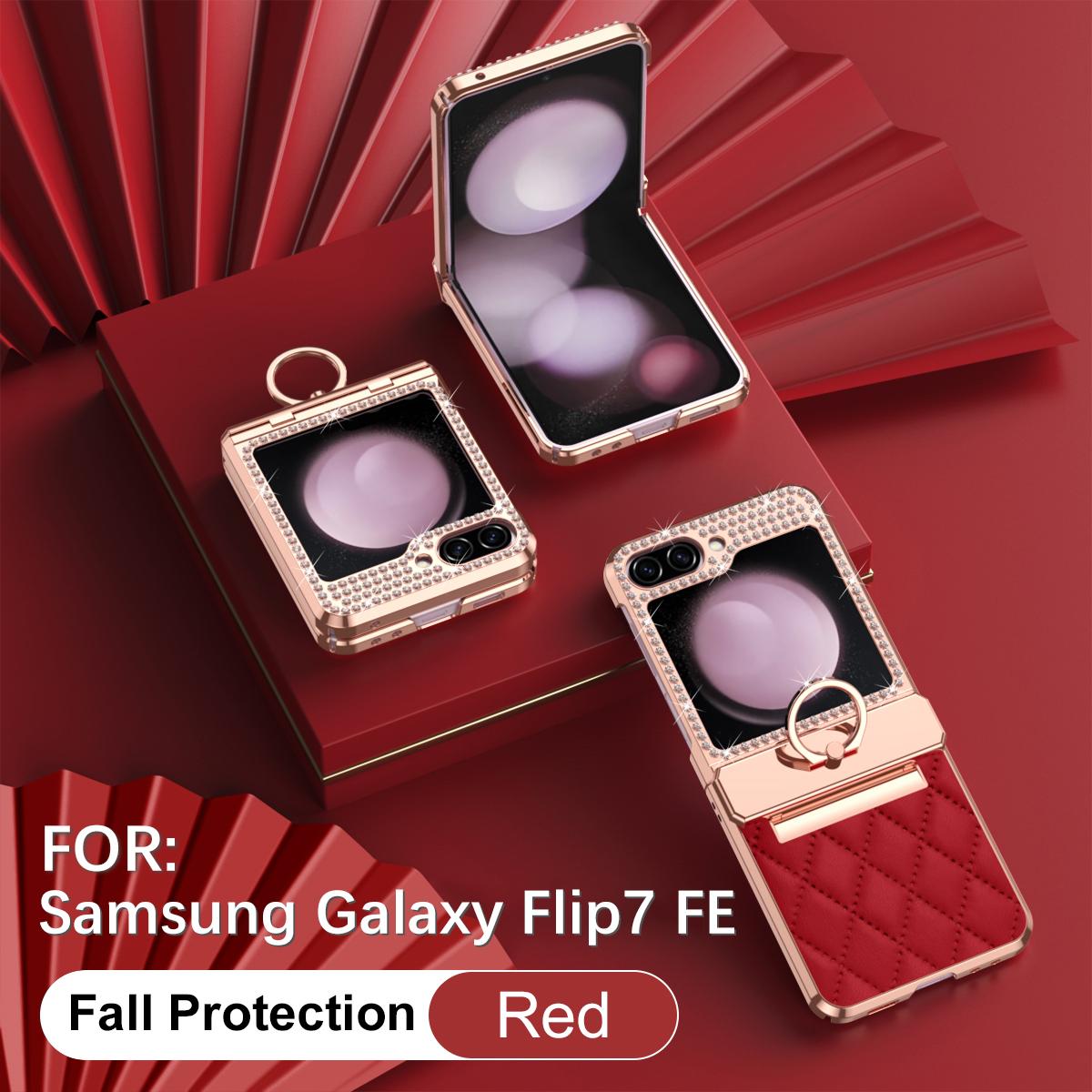 

Luxury Fashion Diamonds Leather Plating Ring Holder Case For Samsung Galaxy Z Flip 7 & Flip7 FE Hinge Full Protection Cover PC and Leather&Galaxy Z Flip7 FE красный