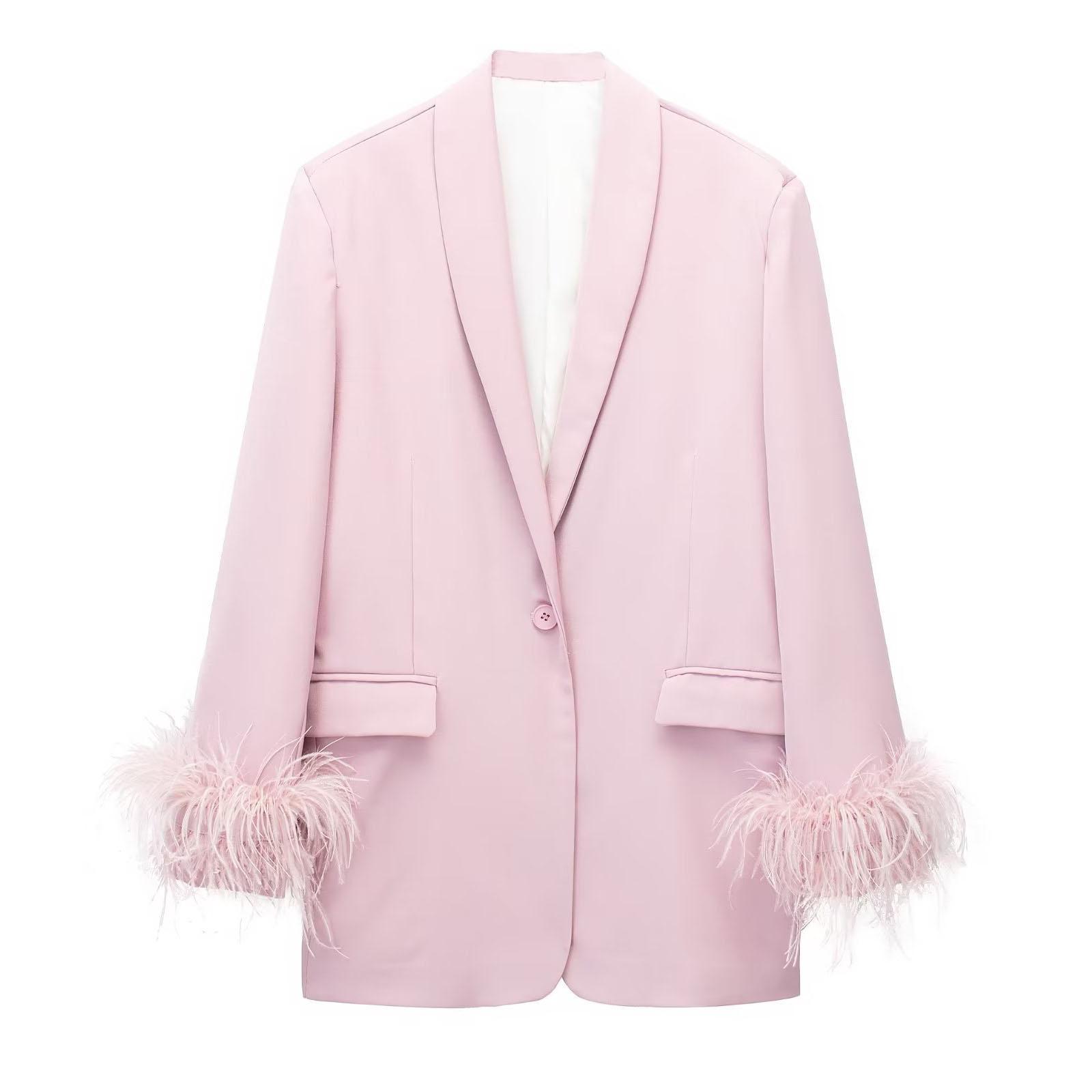 

Женская мода атласный черный с перьями пиджак пиджак винтажный вырез на одной пуговице длинные рукава женские наряды M розовый