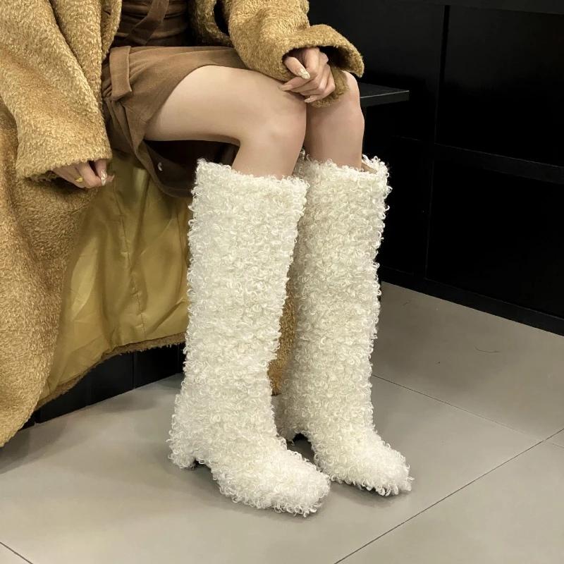 Fashion New Winter Rolled Plush Square Toe Thick Heel Knee High Boots European American Fashion Short Plush Warm High-heel Cotton Boots