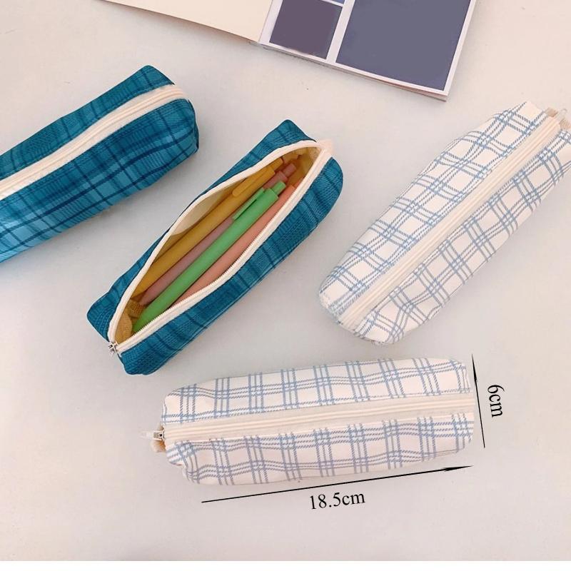 1pcs Student Zipper Pencil Bags Large Capacity Canvas Simplicity Checkered School Stationery Boxes Pencil Case Stationery Bag