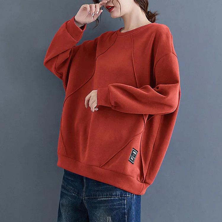 Женская осенняя толстовка оверсайз в корейском стиле, свободного кроя, однотонная, с длинными рукавами, пэчворк-пуловер с круглым вырезом 3XL