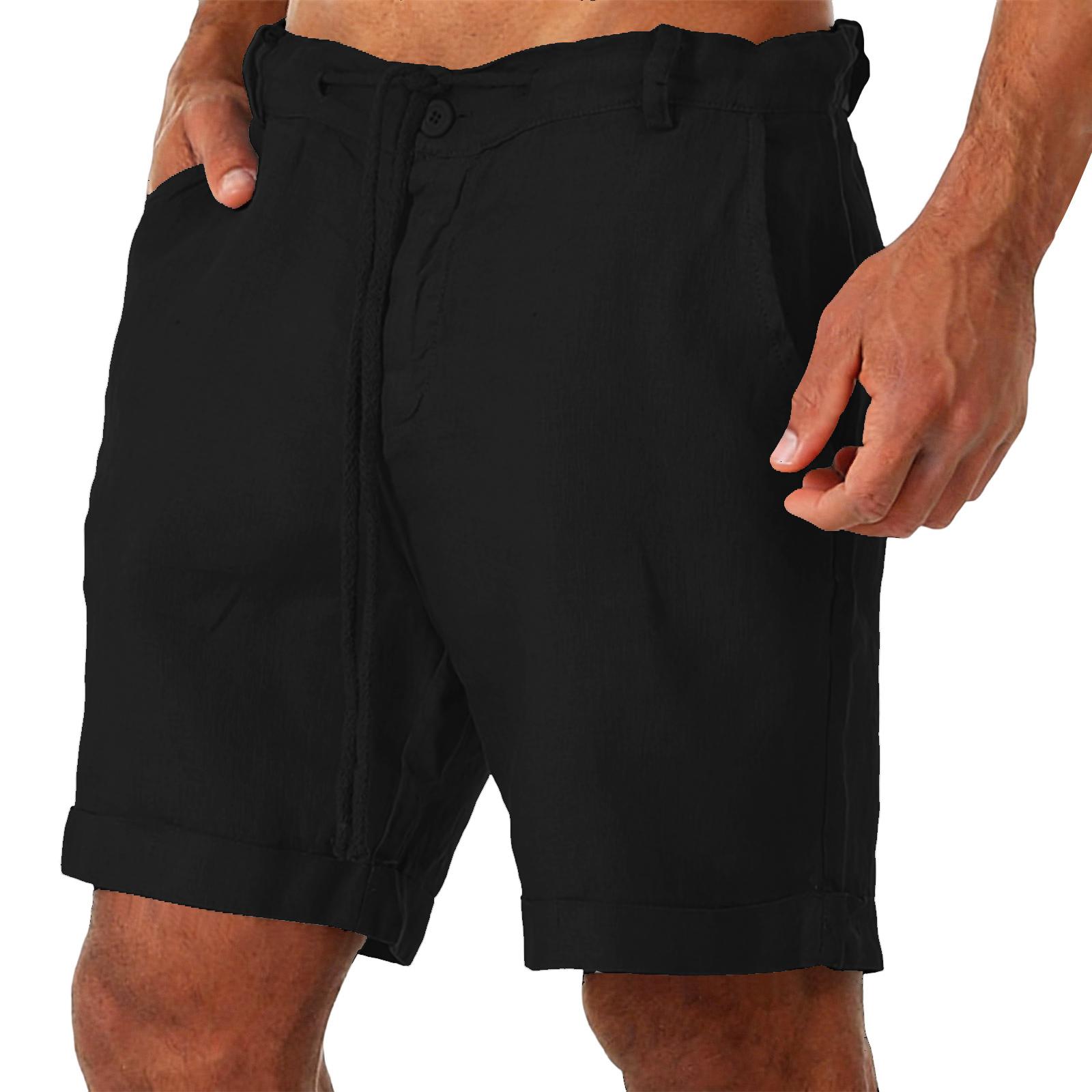 

Men s Linen Shorts with Button Closure and Belt Loops Relaxed Fit Lightweight Breathable Fabric for Daily Wear L чёрный
