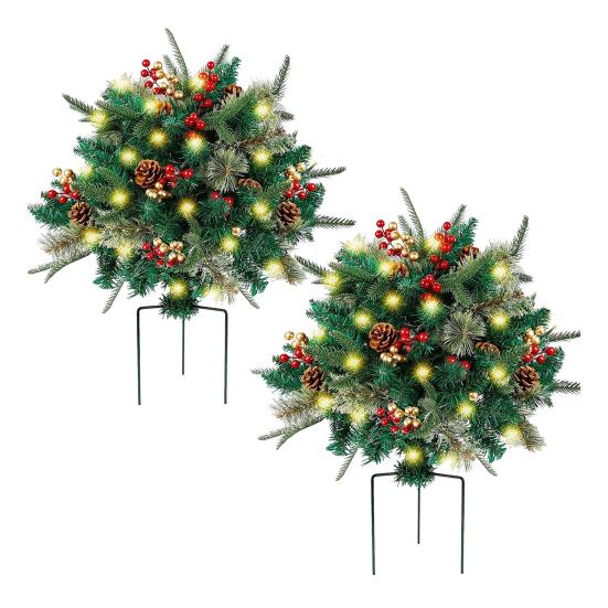 Pre-lit Christmas Tree Urn Filler Battery Operated Artificial Xmas Tree with Cones Berries Holiday Porch Planter Filler with Tripod Stake And LED