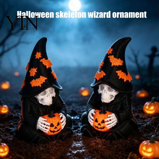 Atmospheric Entrance Decorations Halloween Skeleton Wizard Figurine, 3D Printed Gothic Statue with Mysterious Bookshelf Ornaments Pumpkin& Bat