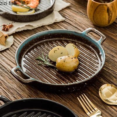 Doppelohr Horizontale Textur Scheibe Keramik Flacher Teller Backplatte Grillplatte Steakteller Molekularküche Retro Geschirr
