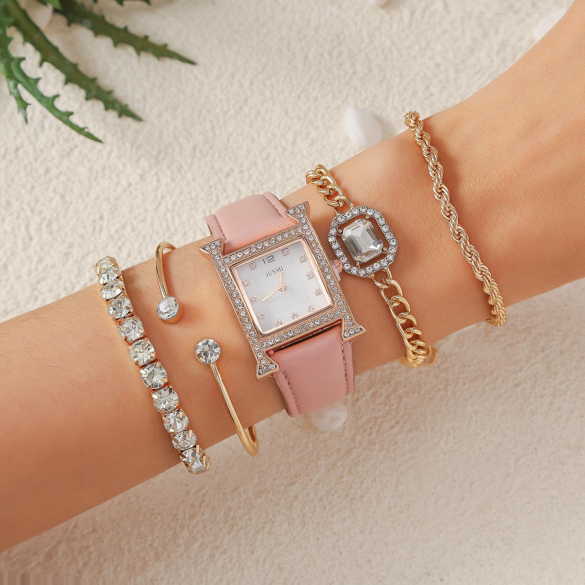 

No gift box Women s fashion ins square diamond digital dial belt quartz watch diamond jewelry set золотой