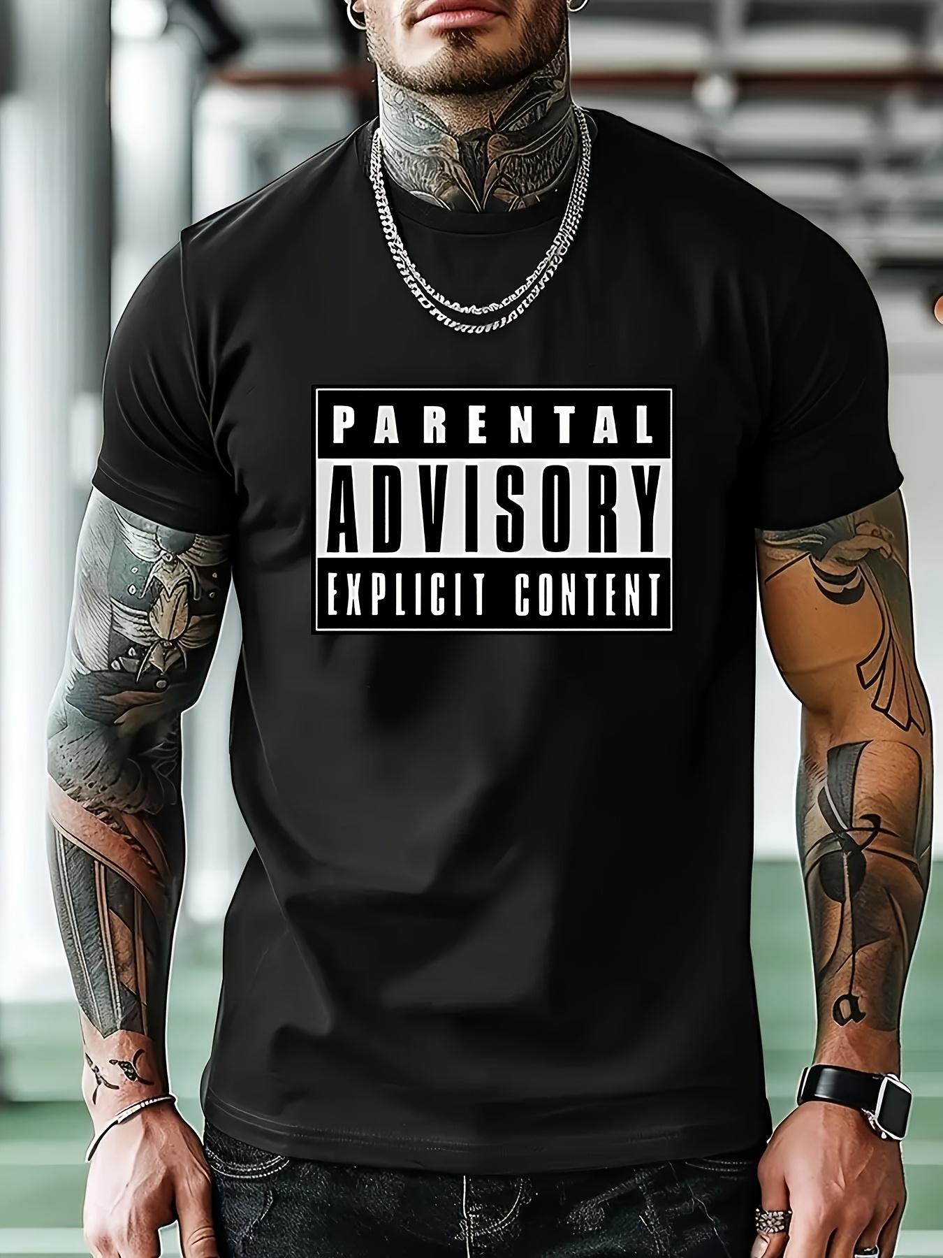 

Casual Graphic T-shirt with Parental Advisory Explicit Content Print - Geometric Pattern Summer Short Sleeve Tee L