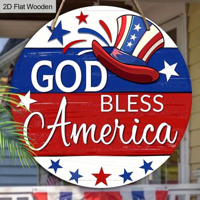 'God Bless America' Patriotic Wooden Sign, Round Front Door Decor, 4th of July Wall Hanging - Ideal Gift for Independence Day