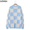 VONDA Autumn Women Round Neck Long Sleeve Plaid Pullover Long Sweaters